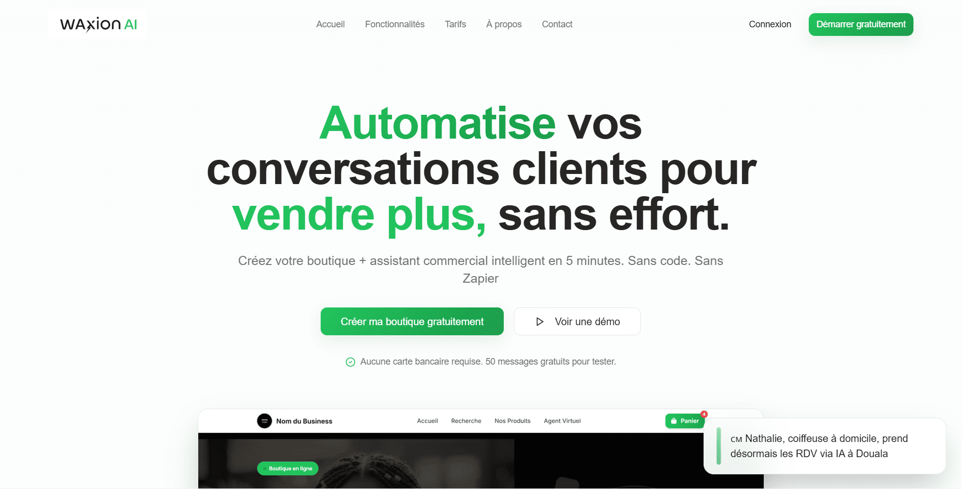 Interface de WAxion AI, agent commercial WhatsApp pour e-commerçants